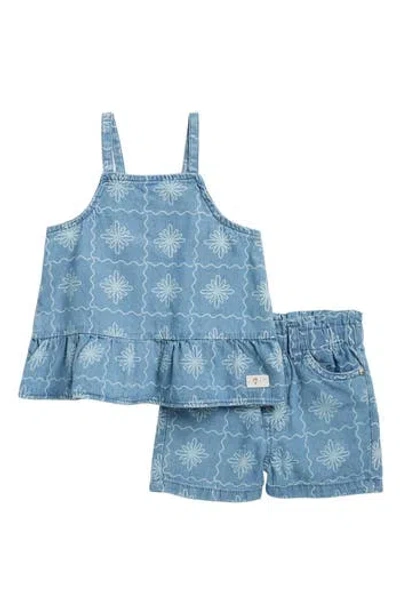 7 For All Mankind Babies'  Denim Ruffle Tank & Shorts Set In Blue