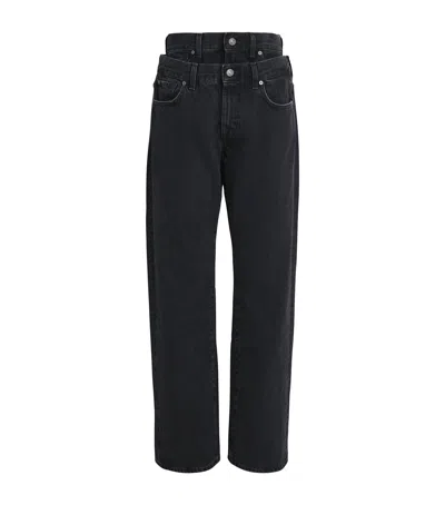 7 For All Mankind Double-waisted Hussle Wide-leg Jeans In Black