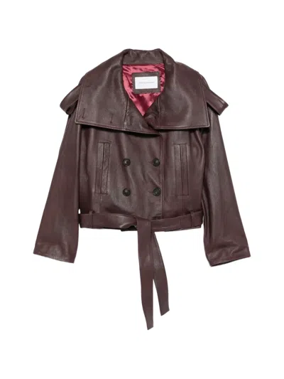 7 For All Mankind Double-breasted Belted Leather Jacket In Burgundy