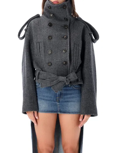 7 For All Mankind Double-breasted Belted Wool Blend Coat In Gray