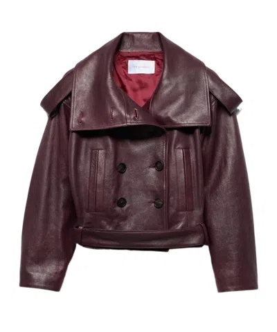 7 For All Mankind Double-breasted High-neck Leather Jacket In Burgundy