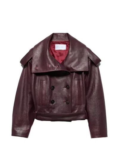 7 For All Mankind Oversizedcollar Cropped Leather Trench Jacket In Burgundy