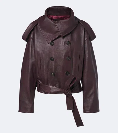 7 For All Mankind Cropped Double-breasted Leather Jacket In Burgundy