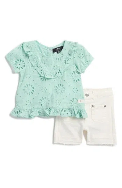 7 For All Mankind Babies'  Embroidered Eyelet Top & Denim Bermuda Shorts Set In Caribbean Green