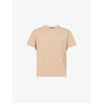 7 For All Mankind Ens Tan Double-layer Crew-neck Cotton T-shirt Xl In Neutral