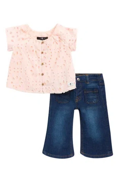 7 For All Mankind Babies'  Eyelet Button-up Shirt & Jeans Set In Pink