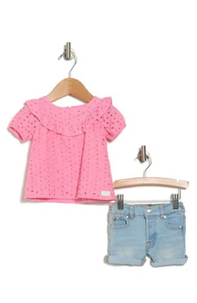 7 For All Mankind Eyelet Top & Denim Shorts Set In Candy Pink
