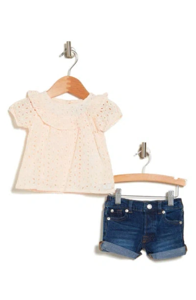 7 For All Mankind Babies' Eyelet Top & Denim Shorts Set In Pink