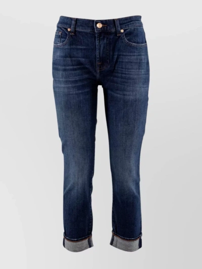 7 For All Mankind Faded Wash Denim Pants With Cuffed Hem In Blue