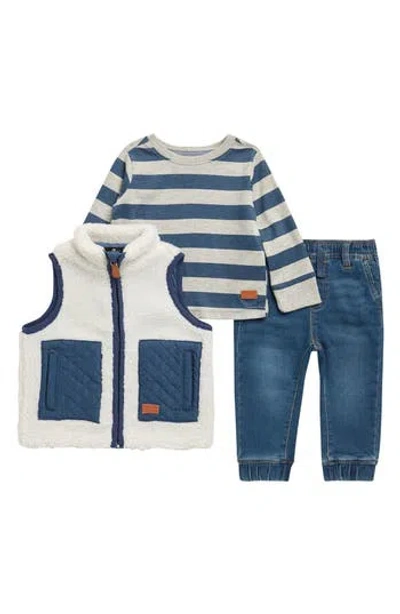 7 For All Mankind Babies'  Faux Shearling Vest, Stripe Long Sleeve T-shirt & Joggers Set In Dark Denim