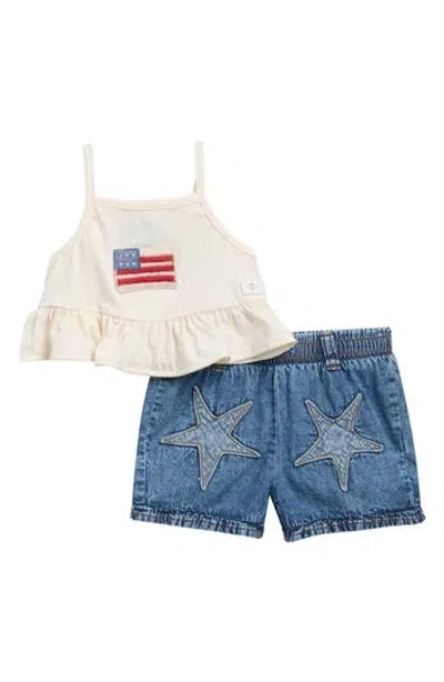 7 For All Mankind Babies'  Flag Peplum Hem Tank & Star Appliqué Shorts Set In Neutral