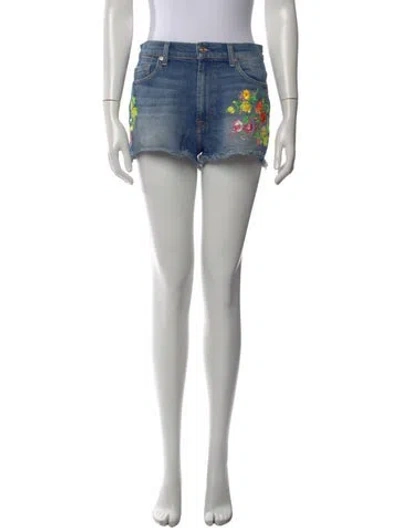 Pre-owned 7 For All Mankind Floral Print Mini Shorts In Gray