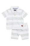 7 For All Mankind Babies'  French Terry Stripe Polo & Shorts Set In Hedge Green