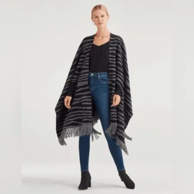 Pre-owned 7 For All Mankind Fringe Edge Zebra Wrap Poncho Msrp $425 Cashmere Blend In Gray