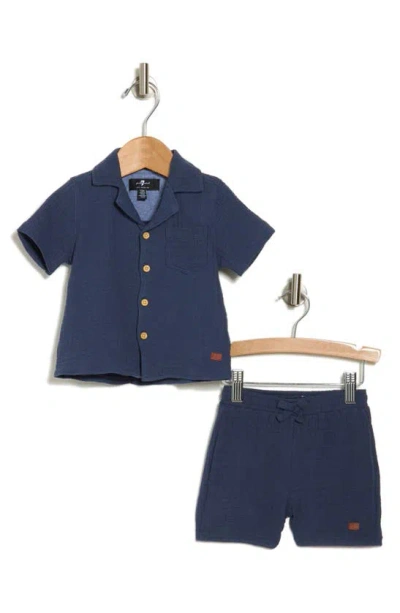 7 For All Mankind Babies'  Gauze Camp Shirt & Shorts Set In Navy