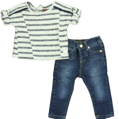 Pre-owned 7 For All Mankind Kids'  Girls Blue White Stripes Apparel Sets In Black
