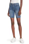 7 FOR ALL MANKIND HIGH RISE RAW HEM BERMUDA DENIM SHORT IN BLUE