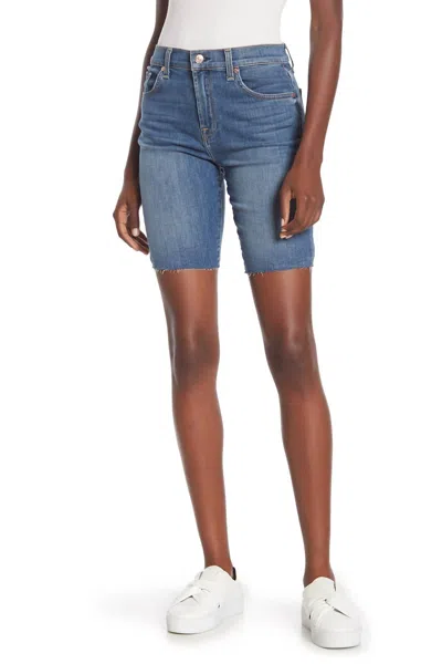 7 For All Mankind High Rise Raw Hem Bermuda Denim Short In Blue