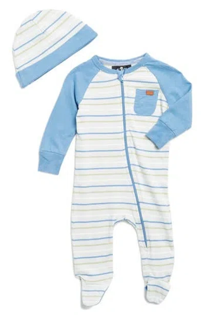 7 For All Mankind Jersey Footie & Hat Set In Ocean Blue