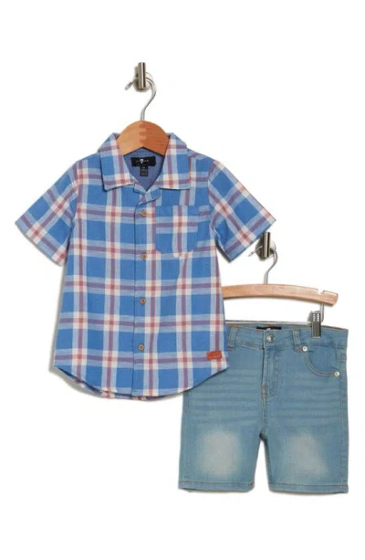 7 For All Mankind Kids' Button-up Shirt & Shorts Set In Ocean