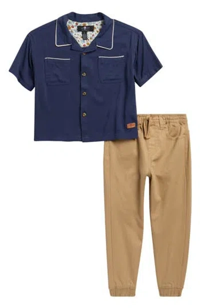 7 For All Mankind Kids' Camp Shirt & Jogger Pants Set In Blue