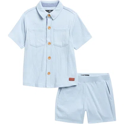 7 For All Mankind Kids' Co-ord Button-up Shirt & Shorts Set In Blue