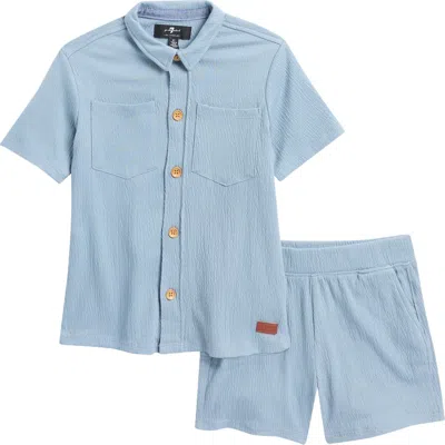 7 For All Mankind Kids' Co-ord Button-up Shirt & Shorts Set In Faded Denim