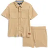 7 For All Mankind Kids' Co-ord Button-up Shirt & Shorts Set In Khaki