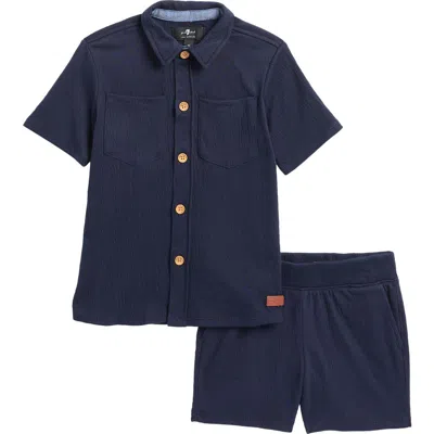 7 For All Mankind Kids' Co-ord Button-up Shirt & Shorts Set In Navy