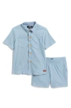 7 For All Mankind Kids' Coordinated Twill Button Front Shirt & Shorts Set In Faded Denim