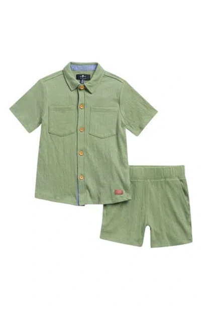 7 For All Mankind Kids' Coordinated Twill Button Front Shirt & Shorts Set In Green