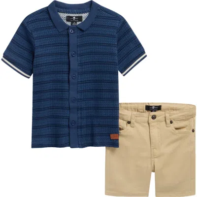 7 For All Mankind Kids' Coordinated Waffle Polo & Shorts Set In Blue