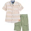 7 For All Mankind Kids' Cotton & Linen Twill Button-up Shirt & Shorts Set In Khaki