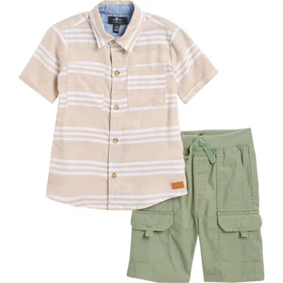 7 For All Mankind Kids' Cotton & Linen Twill Button-up Shirt & Shorts Set In Khaki