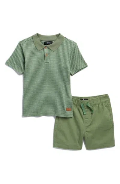 7 For All Mankind Kids' Crinkle Polo & Twill Shorts Set In Hedge Green