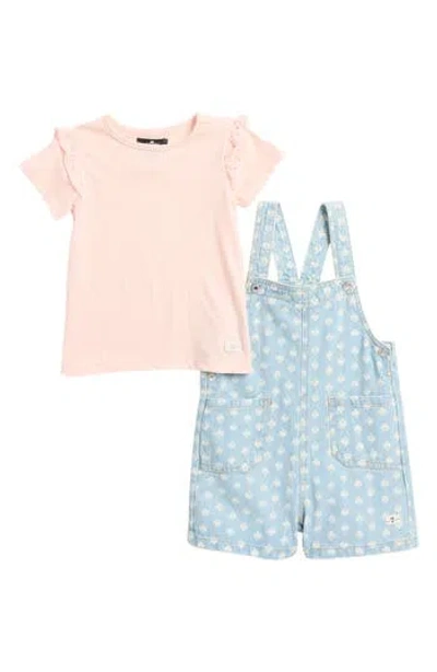 7 For All Mankind Kids' Eyelet Trim Top & Denim Jumper Romper In Pale Pink