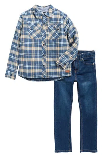 7 For All Mankind Kids' Flannel Button-up Shirt & Jeans Set In Blue