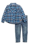 7 For All Mankind Kids' Flannel Button-up Shirt & Jeans Set In Navy