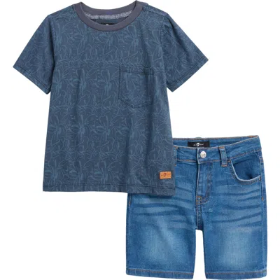 7 For All Mankind Kids' Floral Pocket T-shirt & Denim Shorts Set In Navy