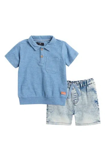 7 For All Mankind Kids' Knit Polo & Denim Shorts Set In Moonlight Blue