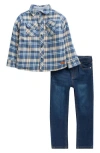 7 For All Mankind Kids' Plaid Button-up Shirt & Jeans Set In Blue
