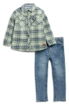 7 For All Mankind Kids' Plaid Button-up Shirt & Jeans Set In Multi