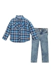 7 For All Mankind Kids' Plaid Button-up Shirt & Jeans Set In Navy