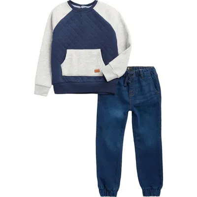 7 For All Mankind Kids' Quilted Pullover & Knit Denim Joggers Set In Blue