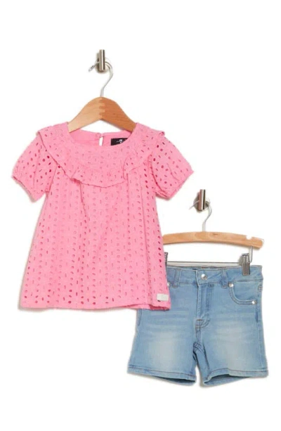 7 For All Mankind Kids' Ruffel Eyelet Top & Denim Shorts Set In Candy Pink