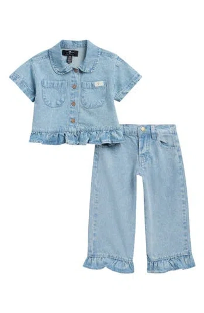 7 For All Mankind Babies'  Kids' Ruffle Hem Shirt & Wide Leg Jeans Set In Blue
