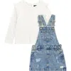 7 For All Mankind Kids' Ruffle Trim Long Sleeve Top & Denim Jumper Dress Set In White