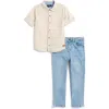 Shop 7 For All Mankind Kids' Short Sleeve Button-up Shirt & Jeans Set In Khaki