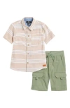 7 For All Mankind Kids' Cotton & Linen Twill Button-up Shirt & Shorts Set In Khaki