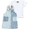 7 For All Mankind Kids' Short Sleeve T-shirt & Denim Jumper Dress Set In Bright White
